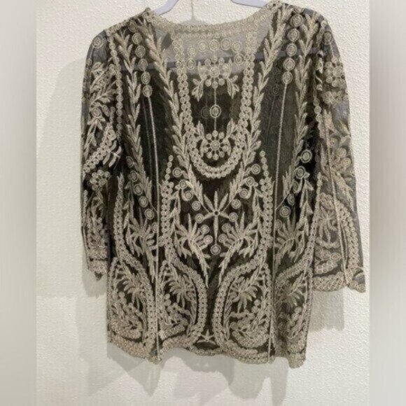 Vintage Embroidered Lace Black Top Festival Gold Trim Whimsigoth Long Sleeve - Picture 5 of 5